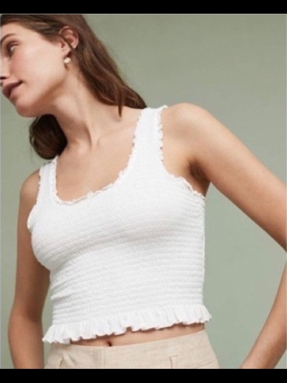 Anthropologie/Floreat Smocked Ruffle Crop Tank Top Womens Medium White